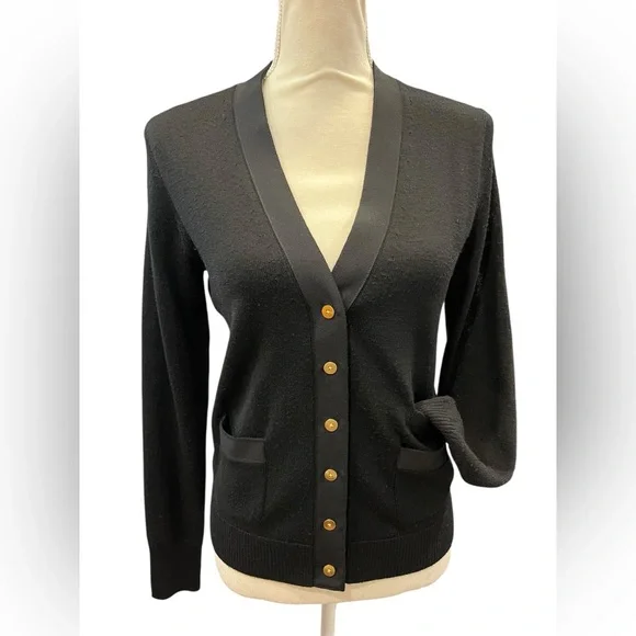J.Crew Merino Wool Black Cardigan Sweater Women’s Size S Gold Button Pockets - Picture 1 of 7